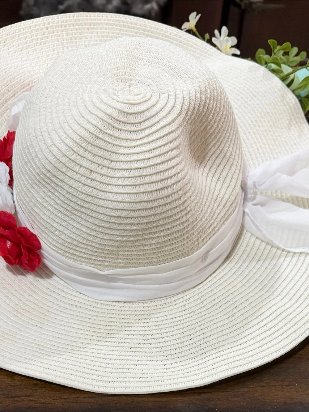 Disney Cream Sun Hat with Red & White Floral Trim